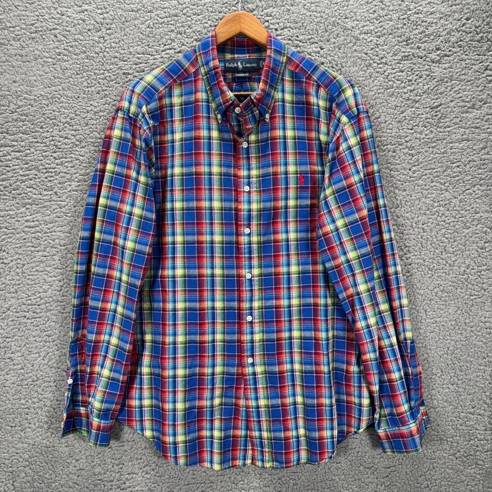 Vintage Polo Ralph Lauren Plaid Linen Cotton Blend Button Down Shirt Men's XL